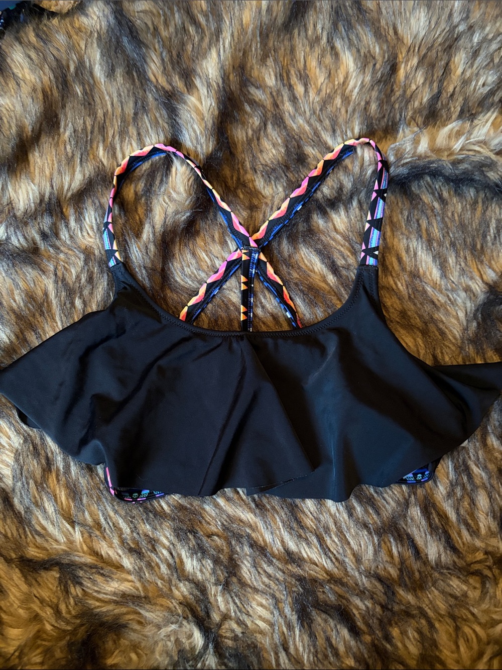 Pink By Victoria’s Secret Black Flounce Bikini Top with Colorful Straps Size S
